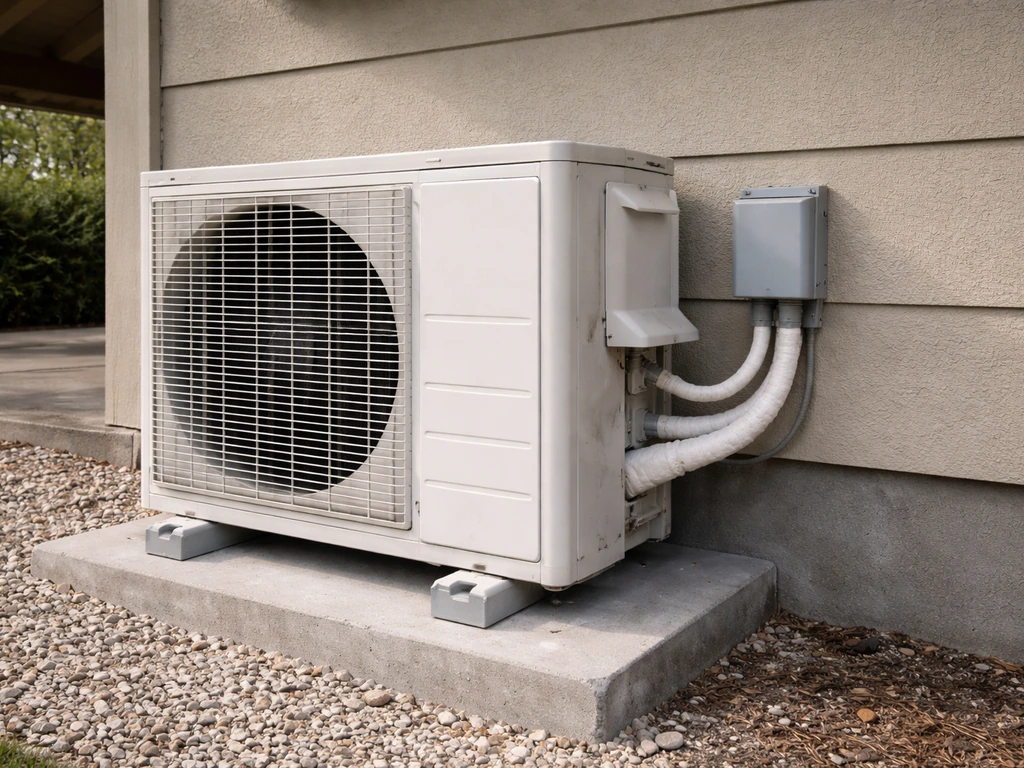 Close-up of an outdoor mini-split condenser on a wall pad with weatherproof covers in a small covered patio area.