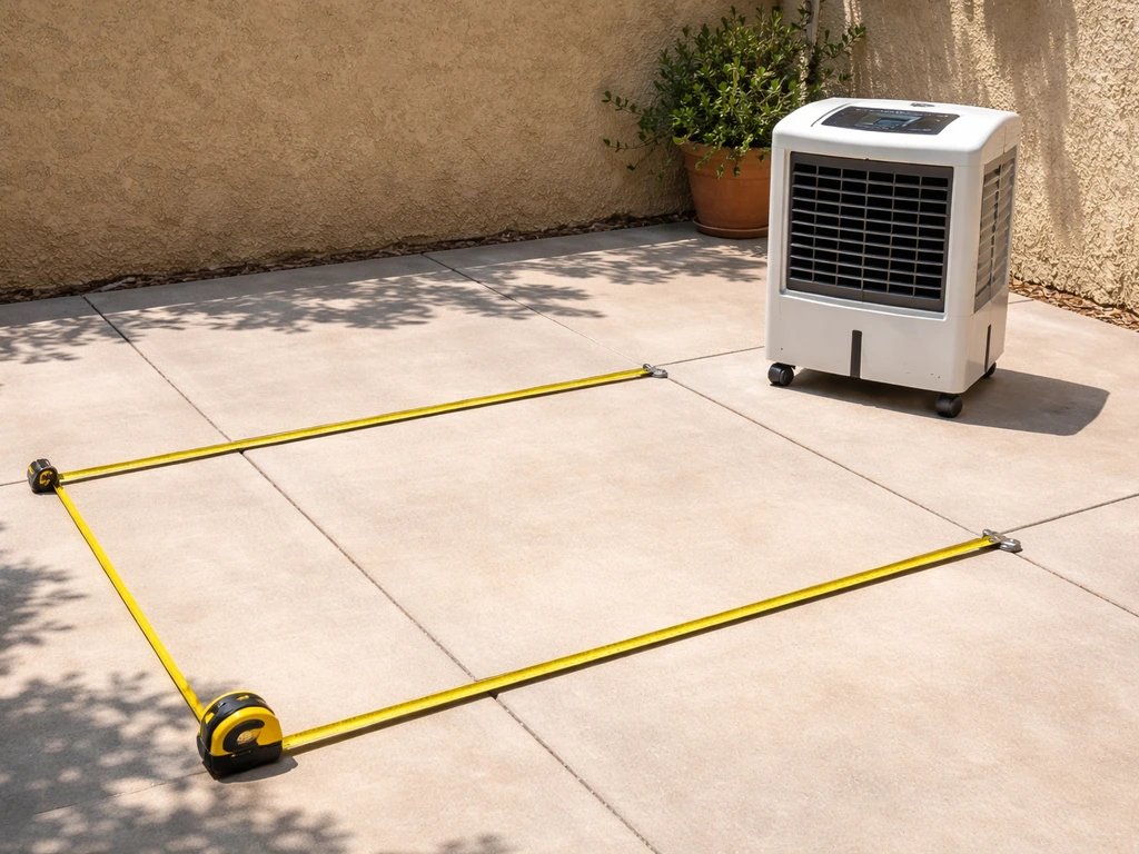 Sunlit patio with a compact outdoor air cooler and a tape measure marking a simple area.