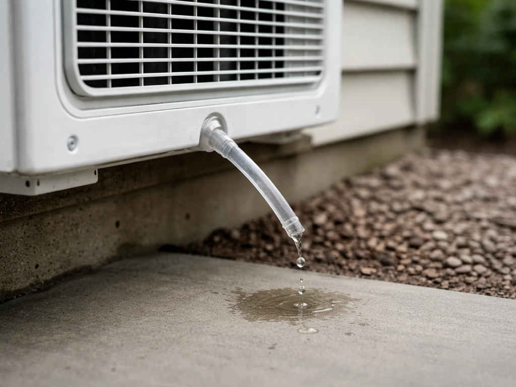 Close-up of a window AC unit with a small drain line dripping away from a patio edge.