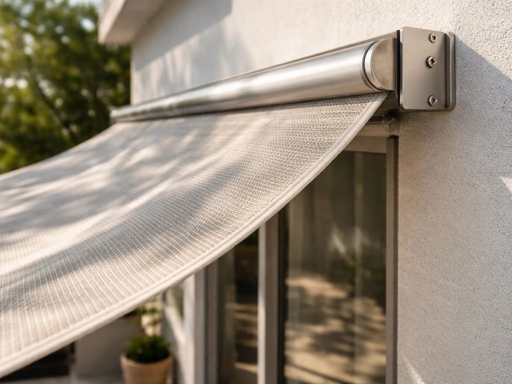 Close-up of a manually retractable patio sun shade extended, showing fabric and side mounting in sunlight.