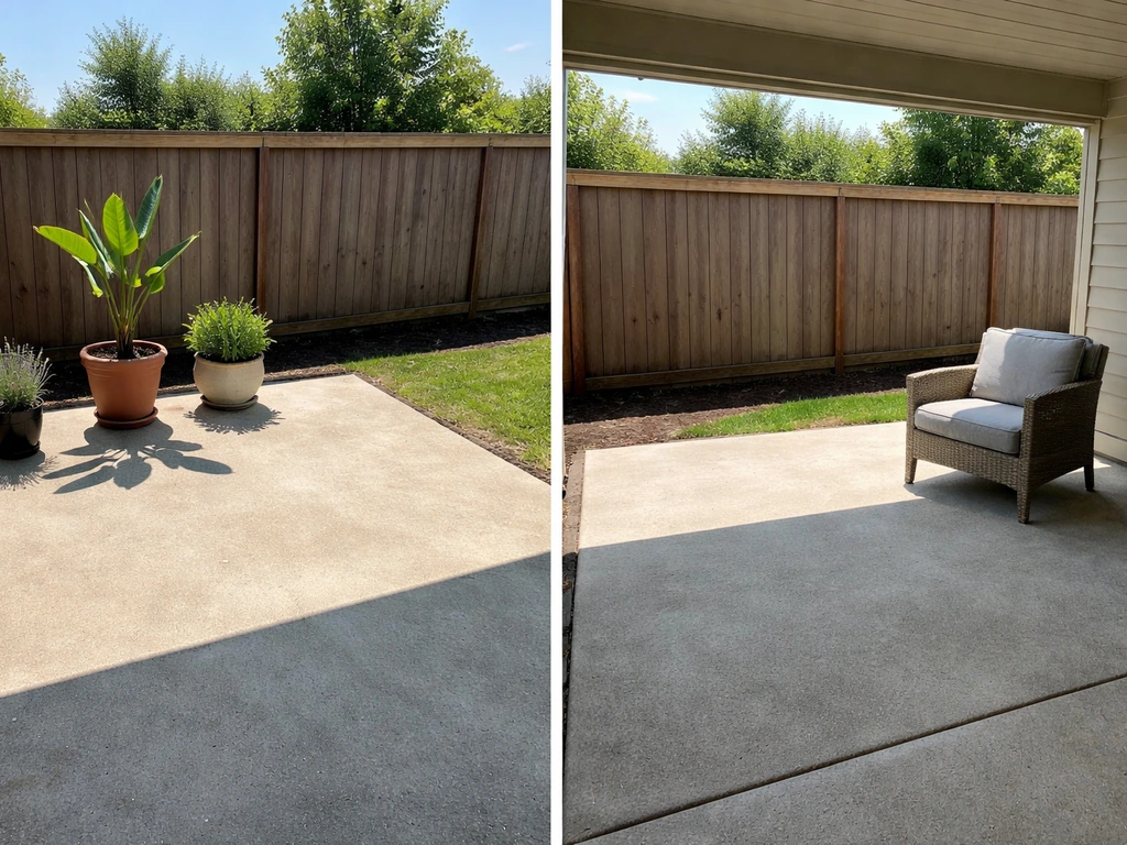 Side-by-side patio areas: left in harsh direct sun, right partially covered and shaded.