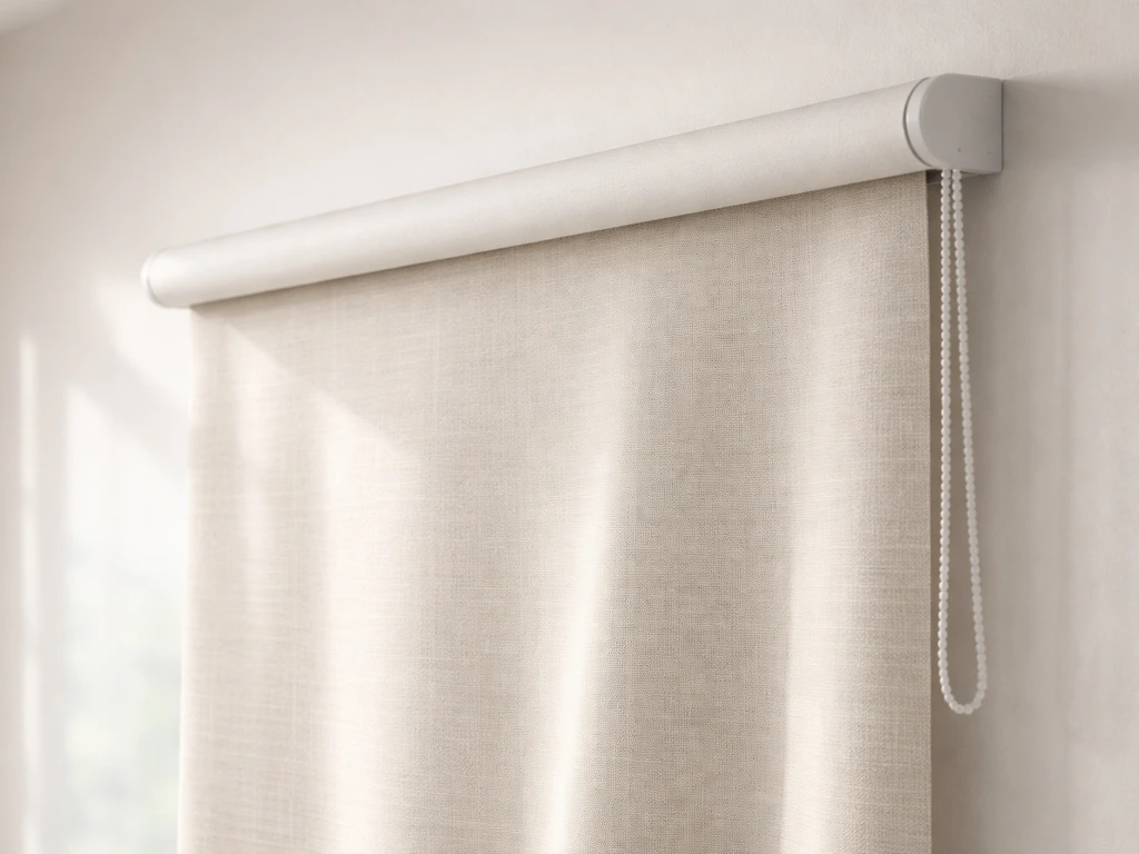 Close-up of an open roller shade with fabric extending downward and the roll visible at the top.