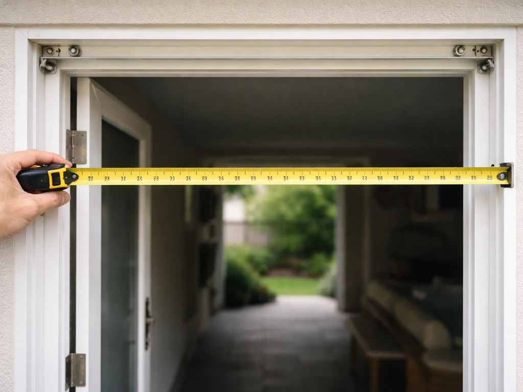Hand holding tape measure aligned to outside-mount width of a patio opening near an awning bracket