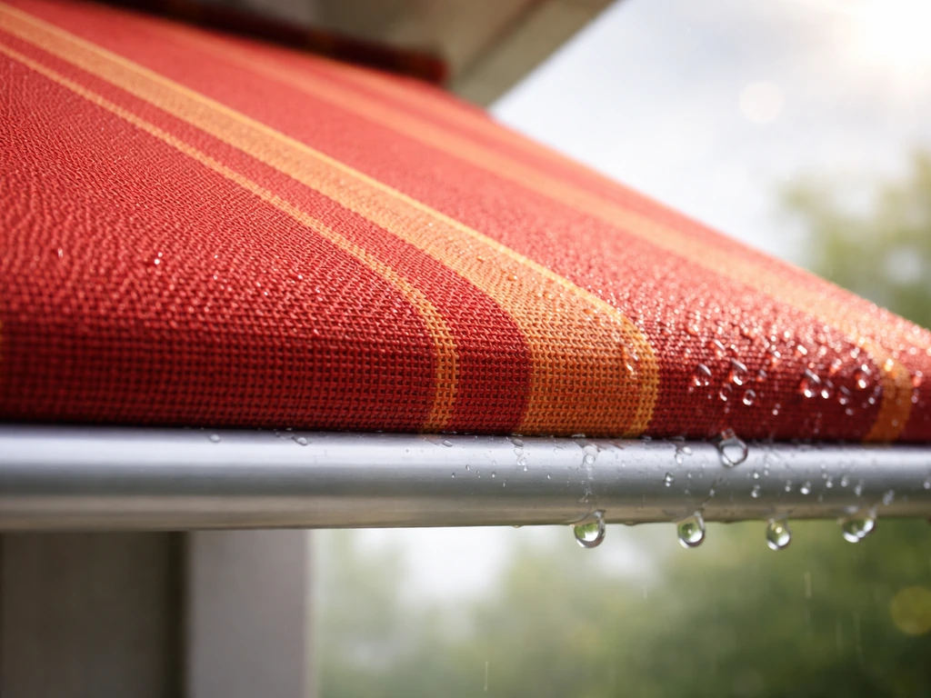 Close-up of solution-dyed acrylic awning fabric with beading raindrops beside a metal rail in bright sunlight.