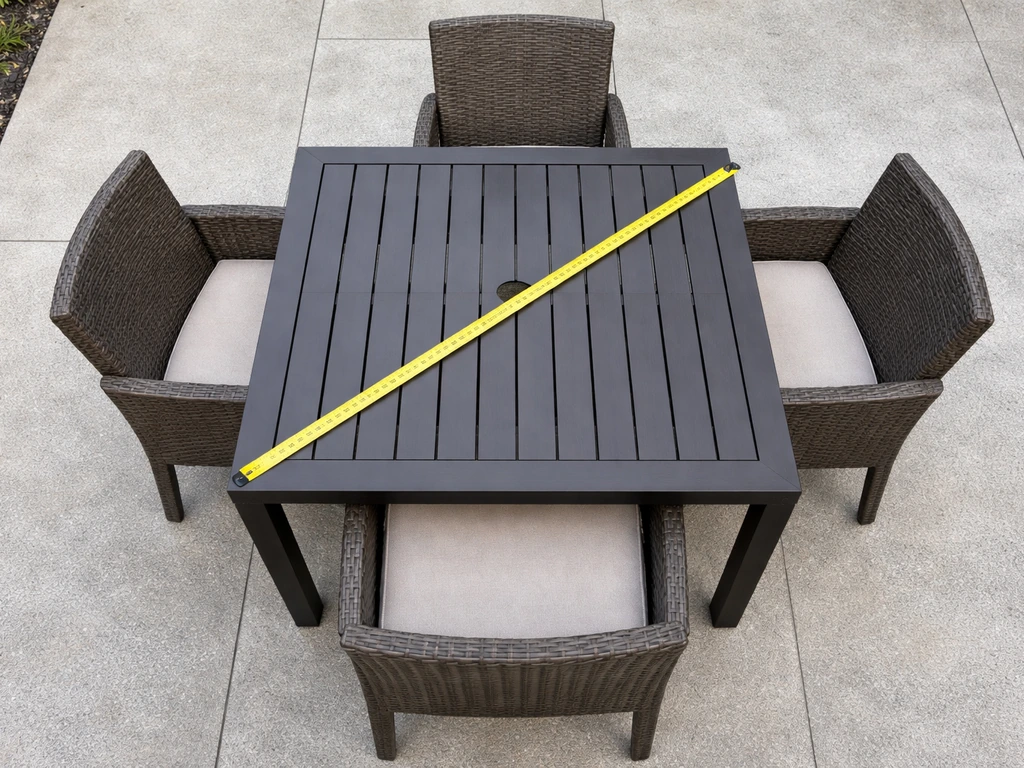 Overhead view of a measuring tape laid across a patio table-and-chairs area to size a cover