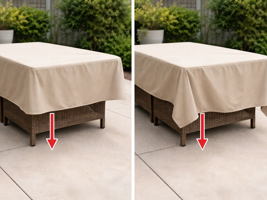Side-by-side snug and loose patio table covers with arrows showing required drop length below the tabletop.