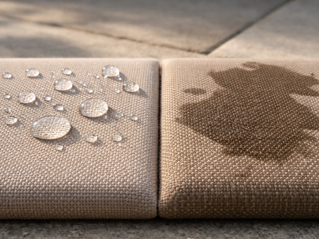 Macro close-up of two fabric swatches showing water beading on one and wetting on the other.