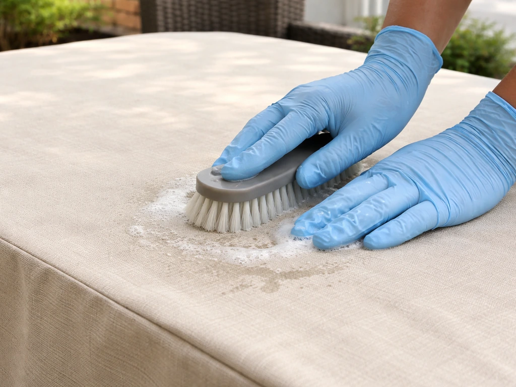 Hand spot-cleaning a patio table cover with mild soap and a soft brush on a sunny patio