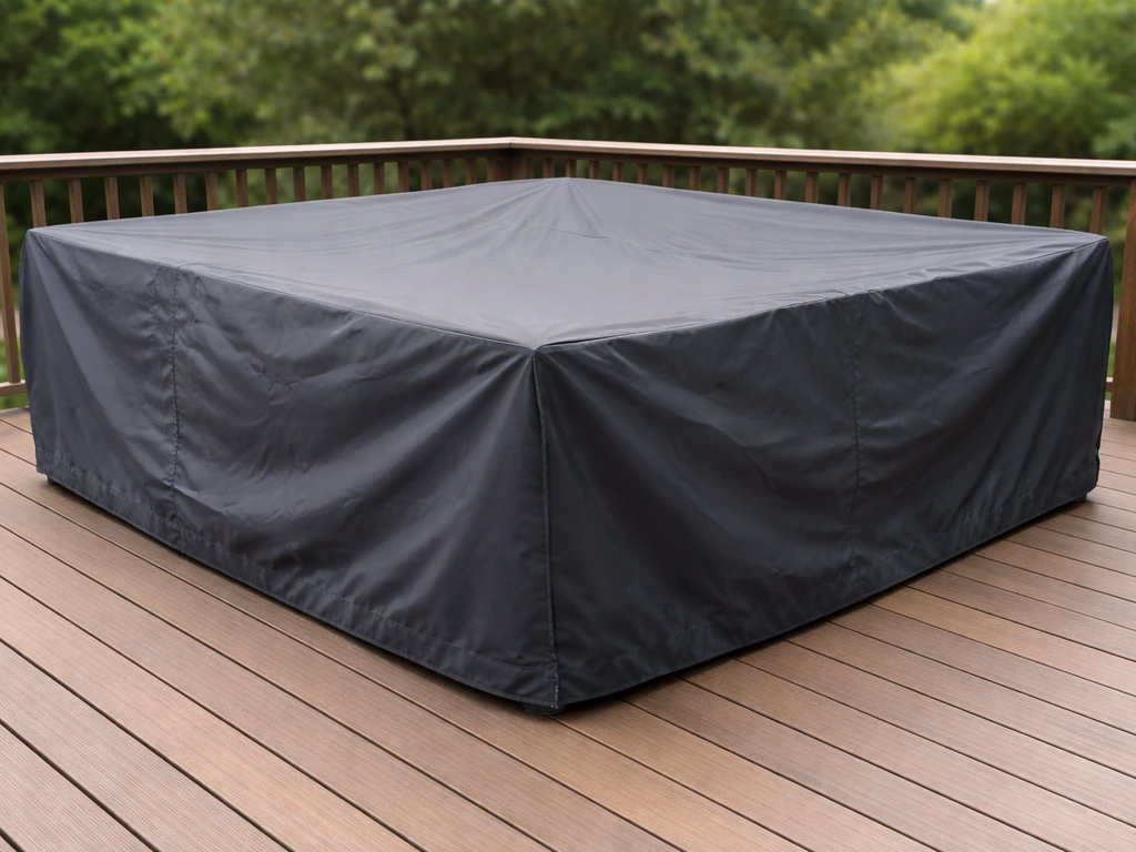 Dark gray patio furniture cover tightly fitted over a set on a wooden deck, showing snug weather protection