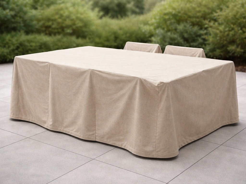 Outdoor dining set completely covered by a single fitted one-piece patio cover.