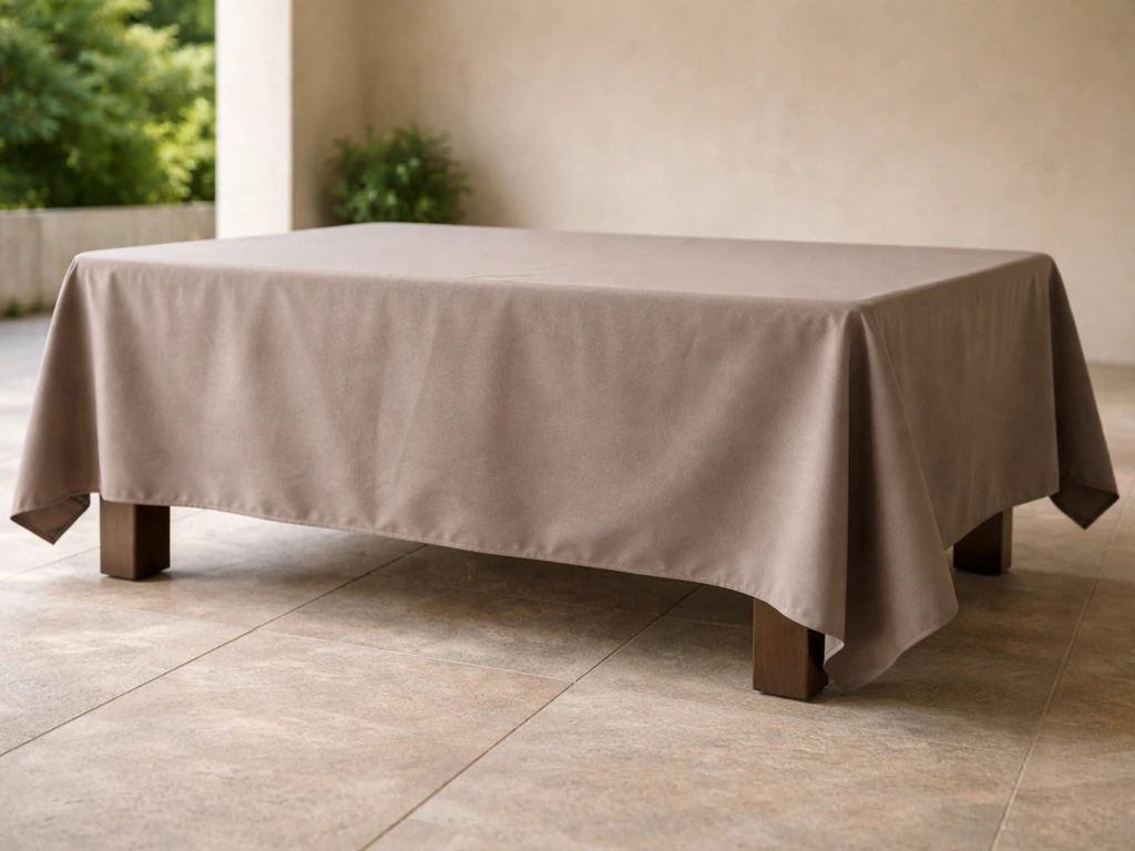 Outdoor dining table with a table-only cover pulled down close to the legs, showing the hem edge.