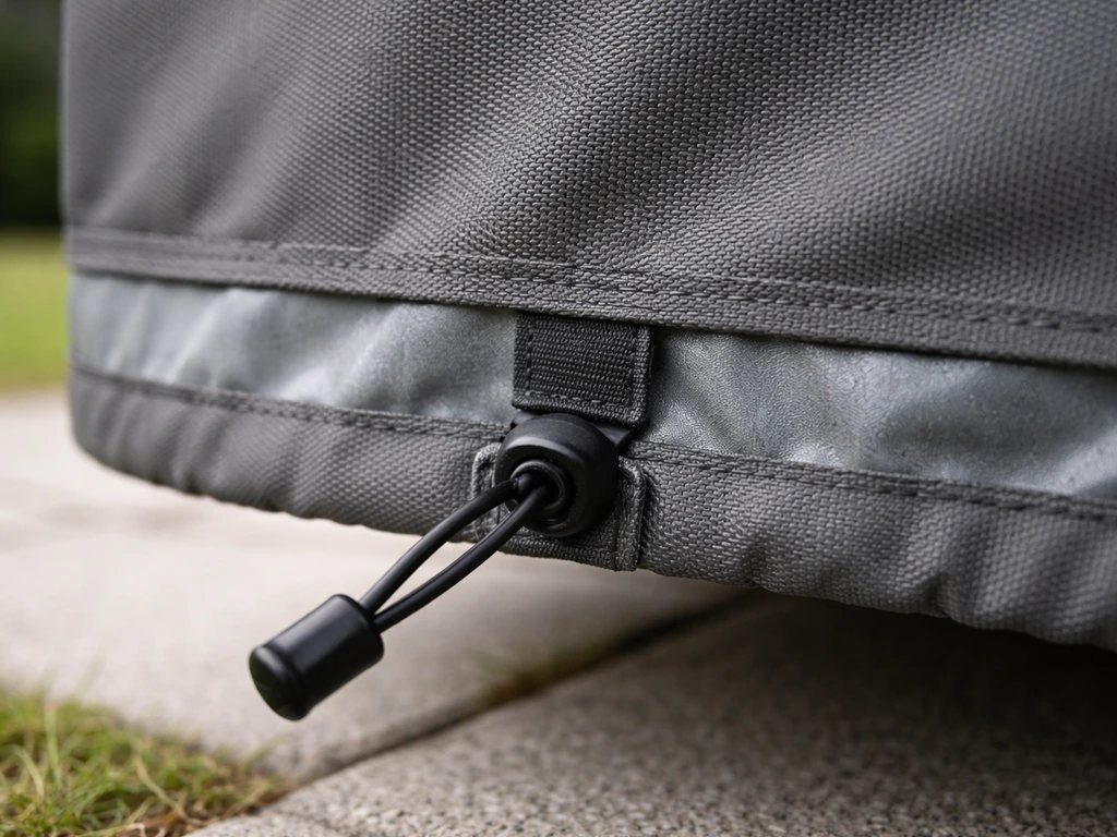 Close-up of an outdoor cover hem with elastic cord, toggle, and cinch points.