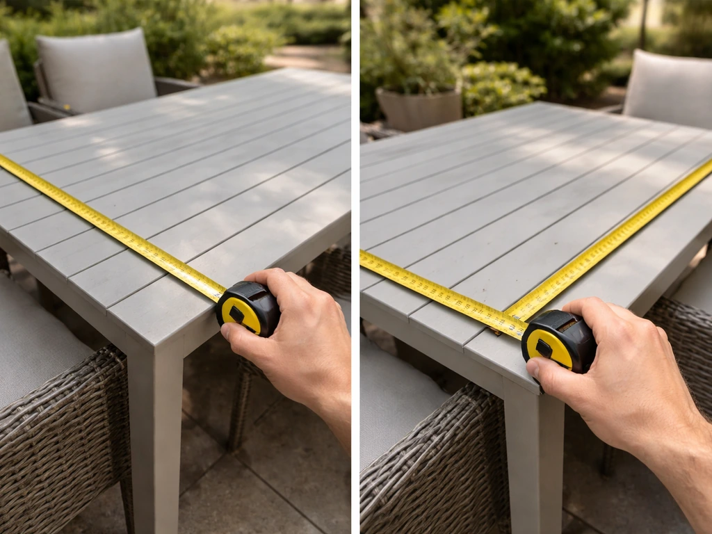 Hand using a tape measure to measure the outer edges of an outdoor dining set for a cover fit.