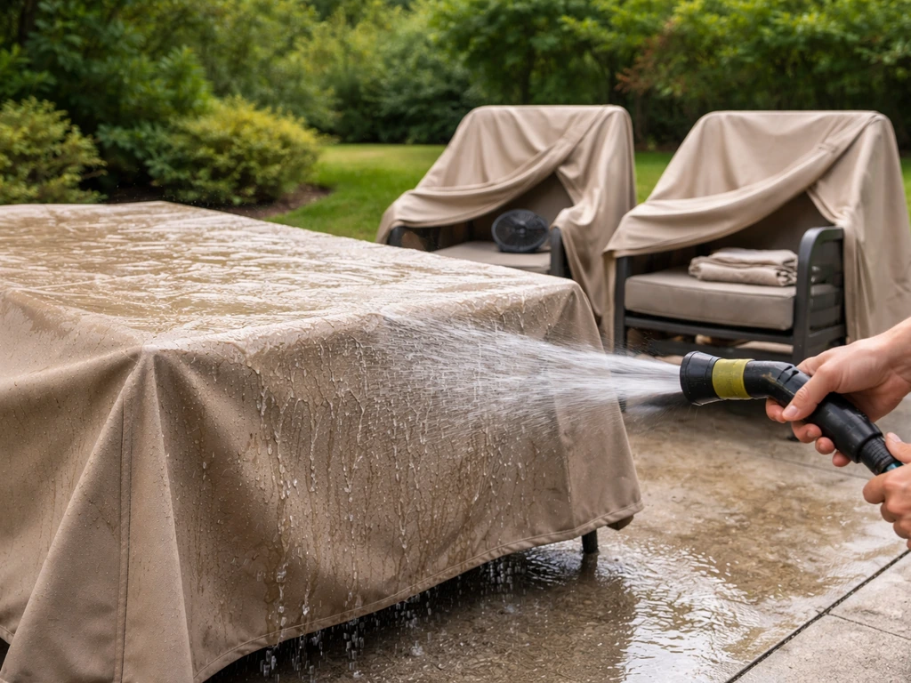 Hands rinse an outdoor patio furniture cover with a hose, then it’s set on chairs to dry.