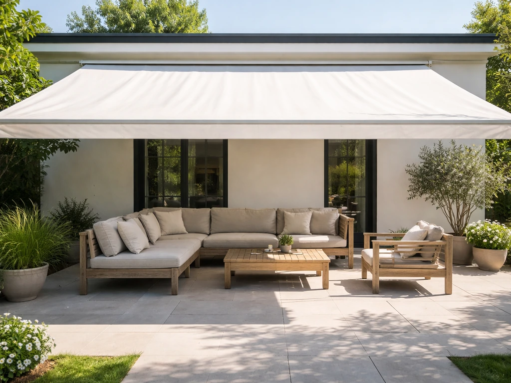 Sunlit residential patio with a retractable awning opened over outdoor seating