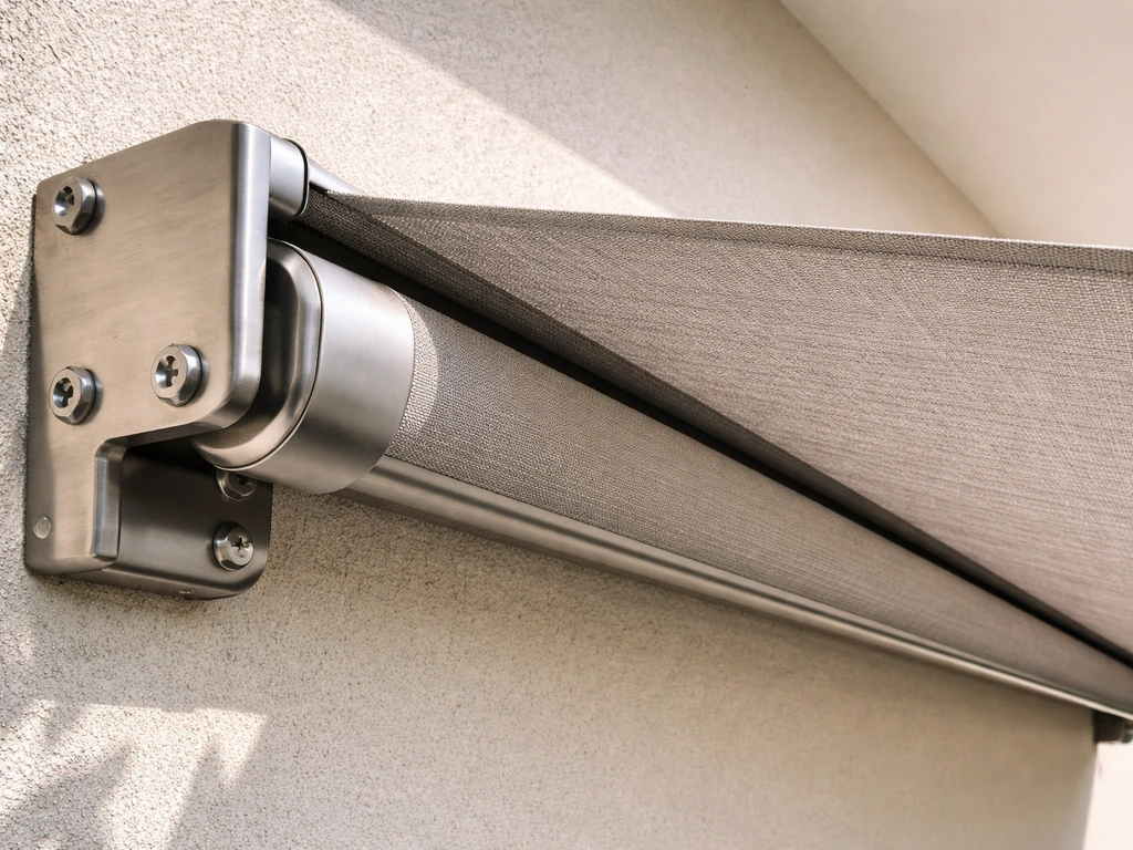 Close-up of a patio awning showing aligned mounting brackets, tensioned fabric, and weather-ready frame finish.