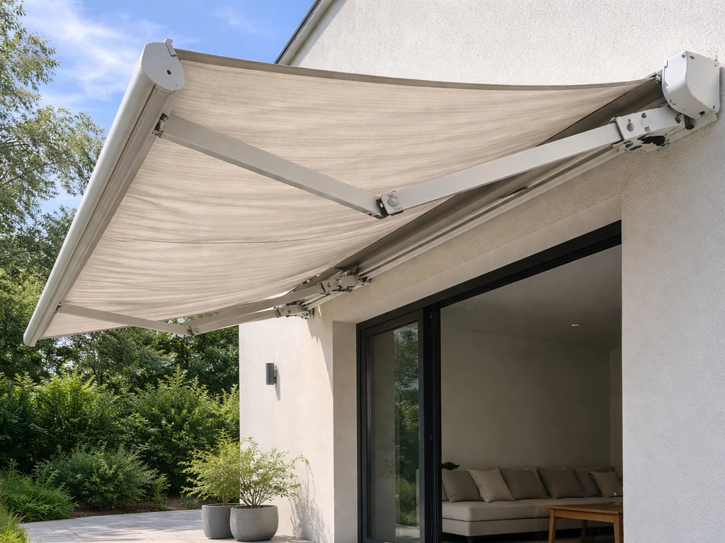 Retractable awning extended over a patio, with arm mechanism visible and outdoors in natural light.
