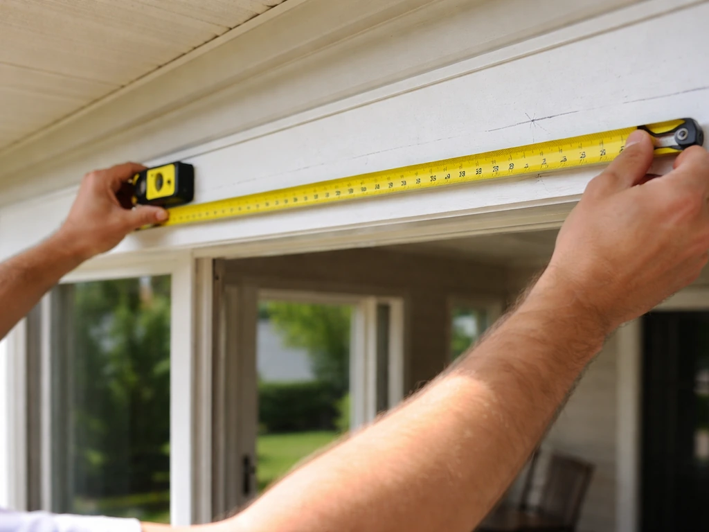 Hands measuring a patio opening with a tape measure and level, pencil marks on the wall for mounting.
