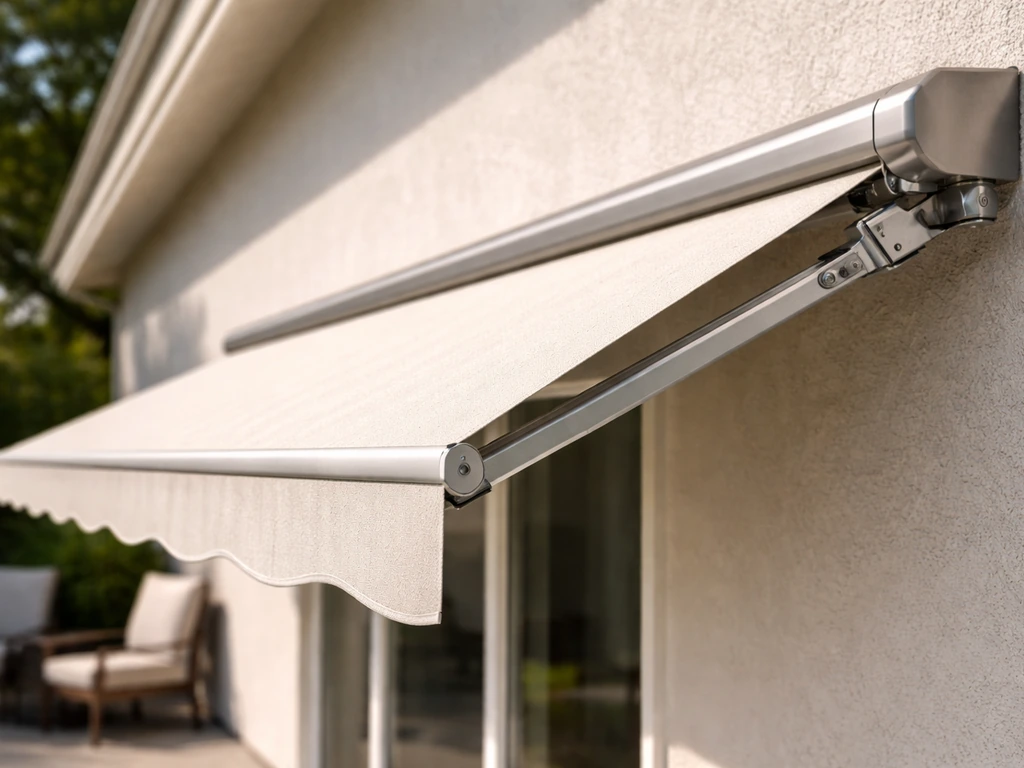 Close view of an installed retractable roller patio awning on a modern home patio.