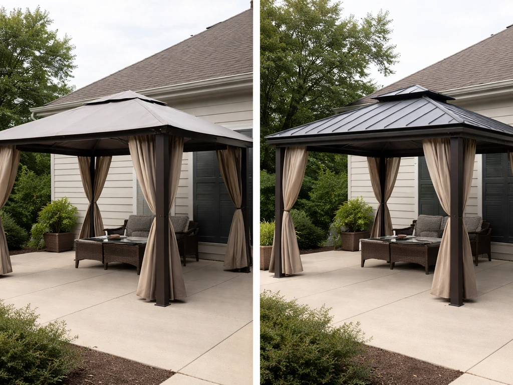 Side-by-side soft top and hard top patio gazebos on a residential patio, showing fabric vs rigid roof.