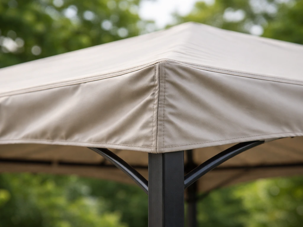 Close-up of a soft top gazebo fabric canopy, showing the polyester/PVC-coated material stretched on its frame