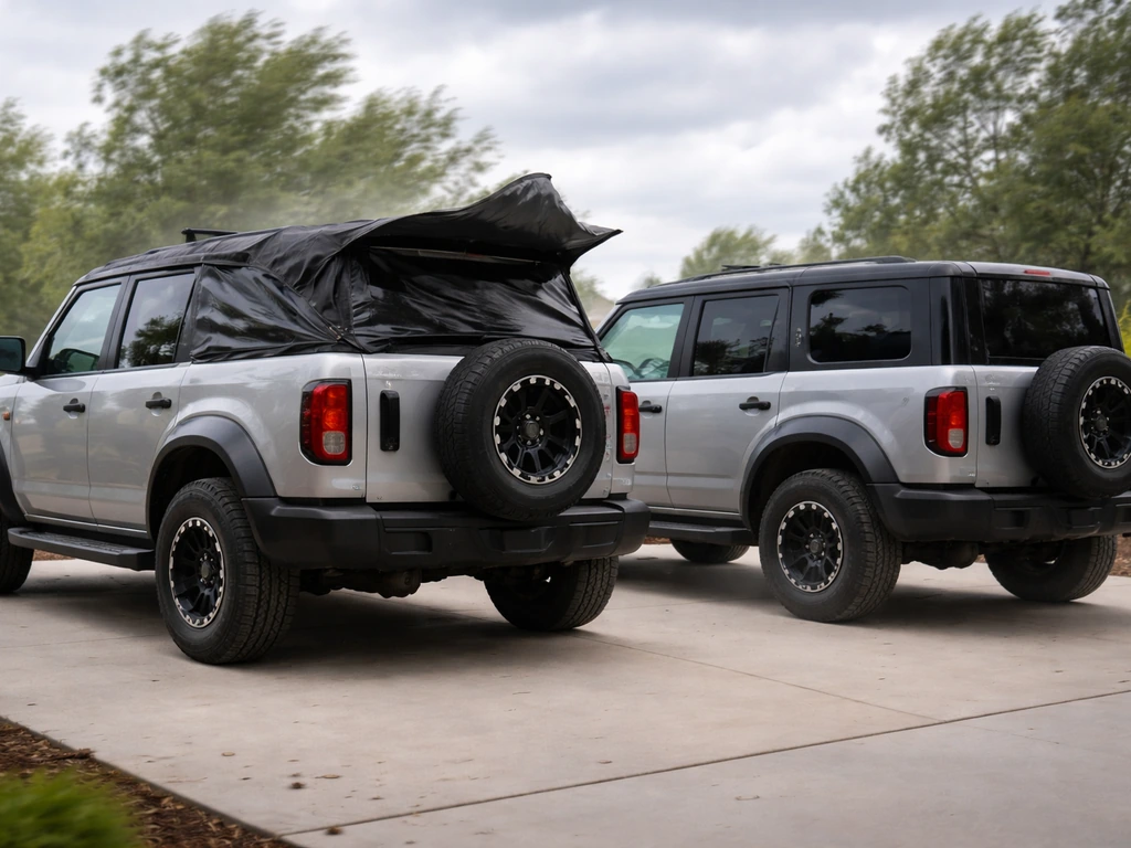 Soft-top vehicle canopy flapping in strong wind on a patio, rigid hard-top beside it steady.