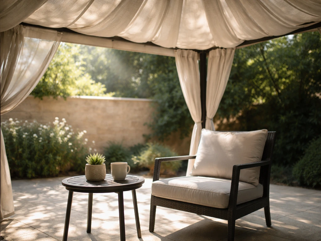 Shaded patio under a fabric canopy with softly diffused sunlight and gentle shadows.