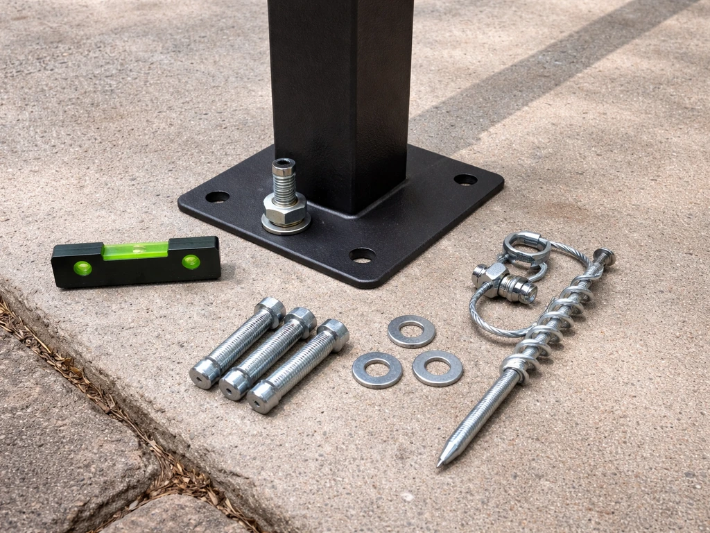 Concrete anchoring setup for a small gazebo base with bolt hardware and a bubble level tool.