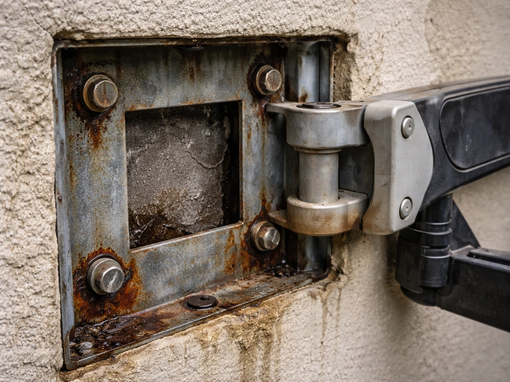 Close-up of corroded outdoor TV mount hardware with rust, moisture staining, and UV-damaged plastic parts.