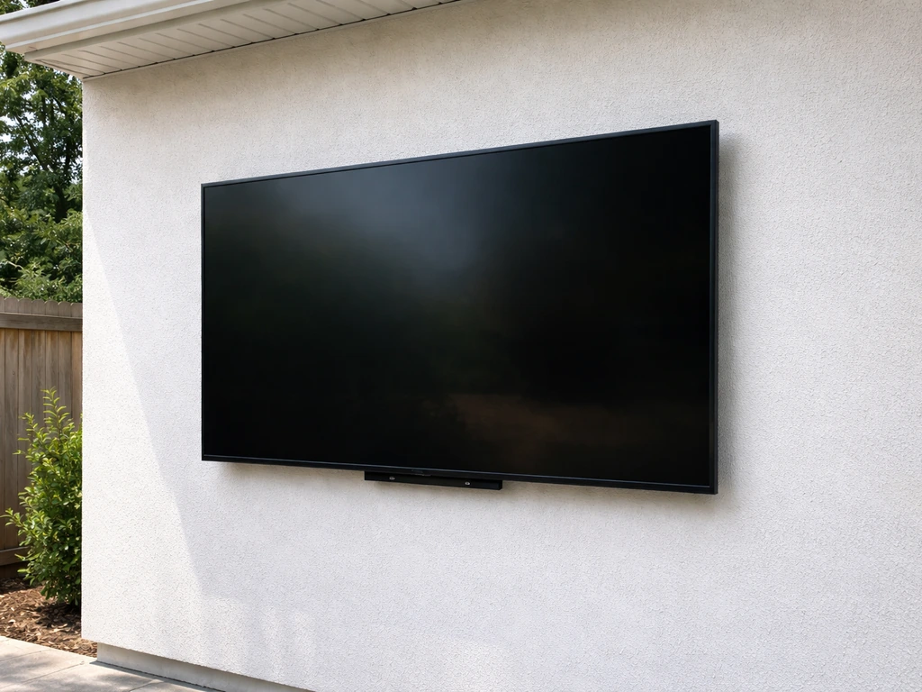Outdoor TV fixed mount installed flush to a wall under overhang, single permanent viewing angle