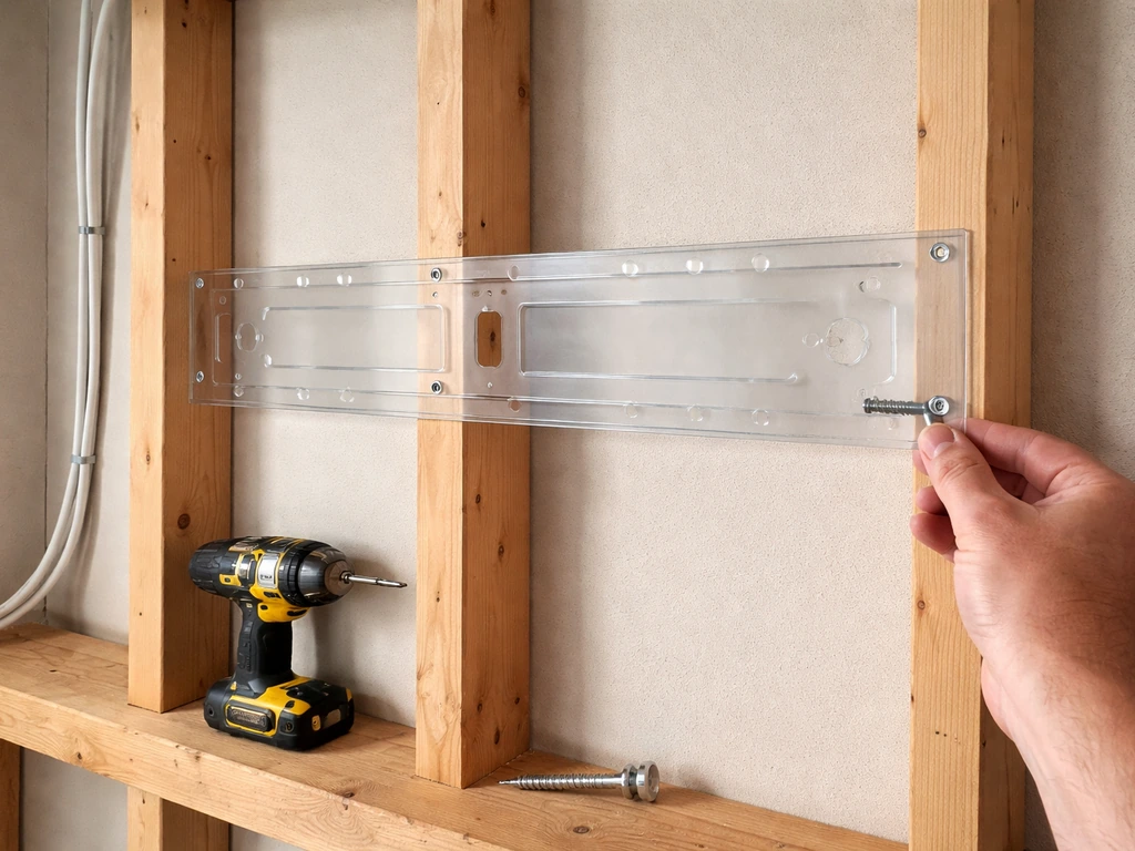 DIY mounting setup on a wood stud wall with a template, lag bolts, drill, and routed cabling.