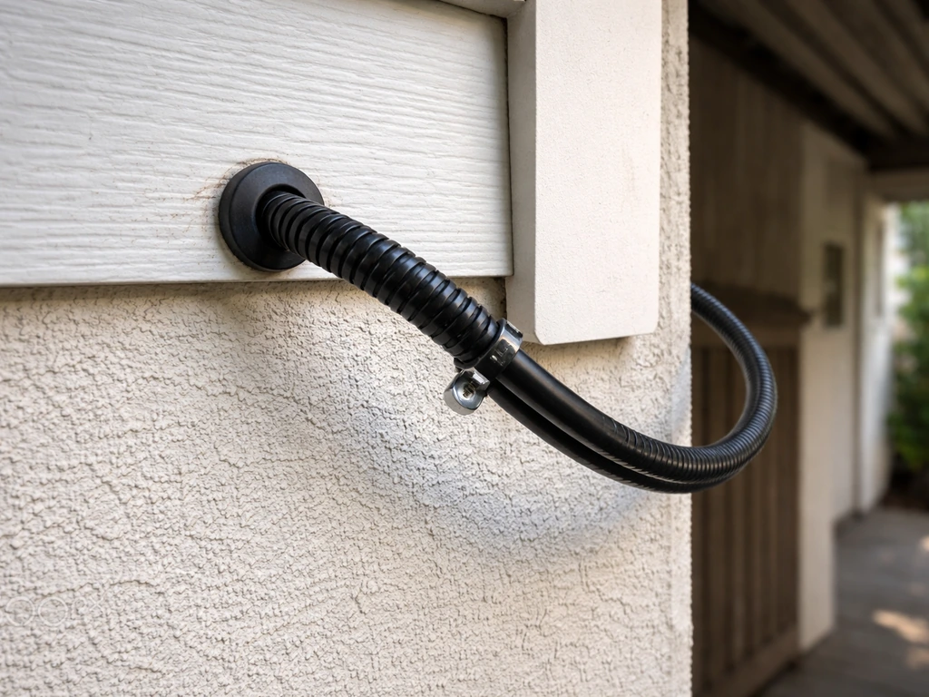 Close-up of a weatherproof cable exiting a wall with a visible drip loop before going outdoors