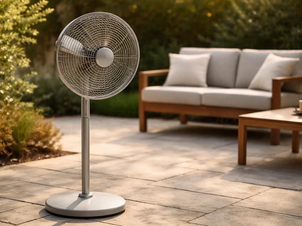 Pedestal outdoor tower fan on a patio blowing toward a quiet seating area.