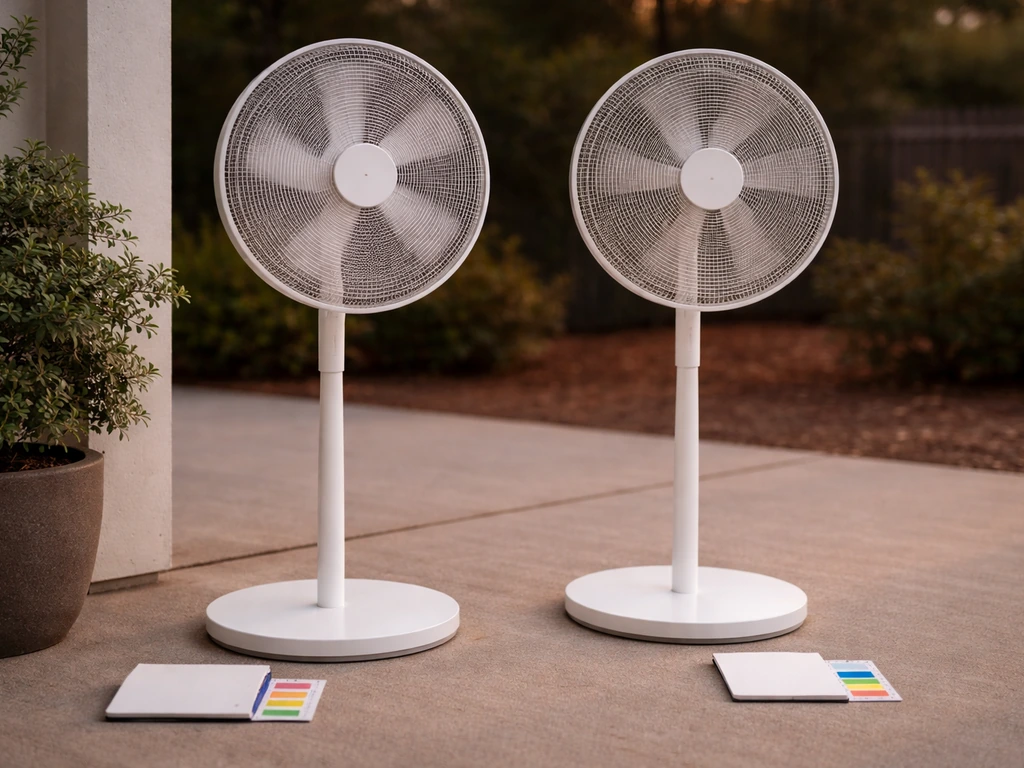 Two outdoor fans on a patio at dusk, with simple, label-free props suggesting airflow specs reading.
