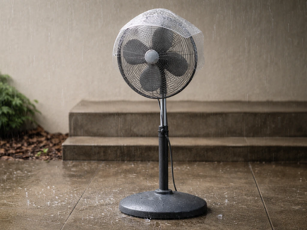 Outdoor pedestal fan sitting under a light rain cover, showing damp, weather-ready conditions