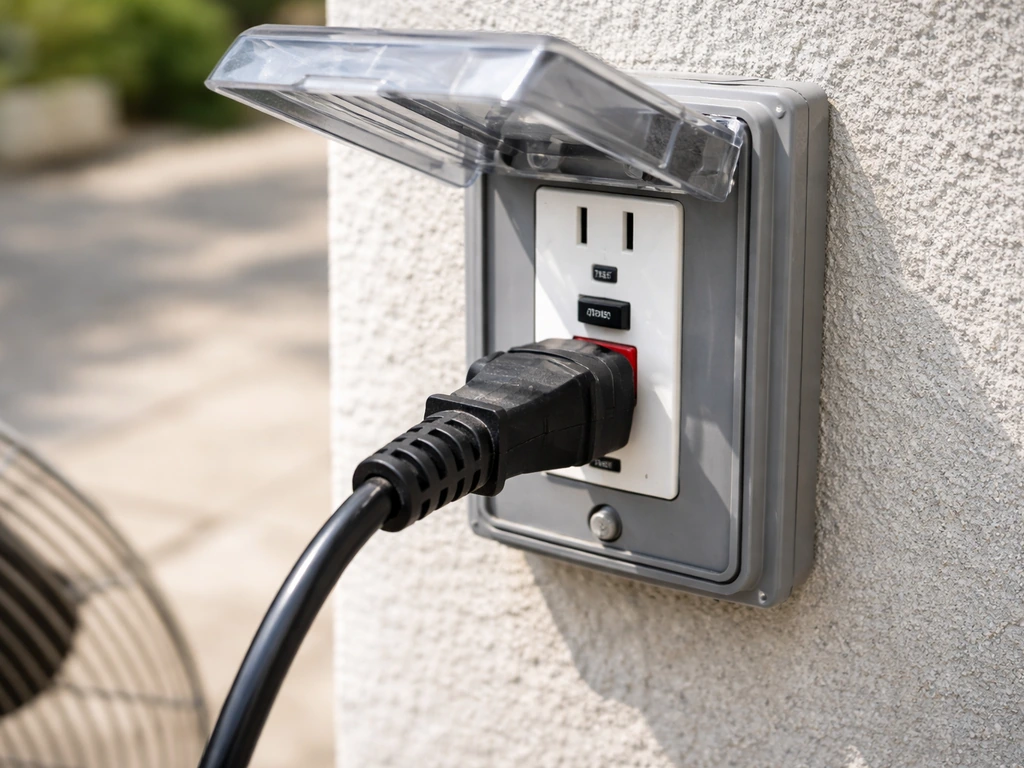Outdoor power cord plugged into a GFCI outlet on a patio, showing test/reset buttons.