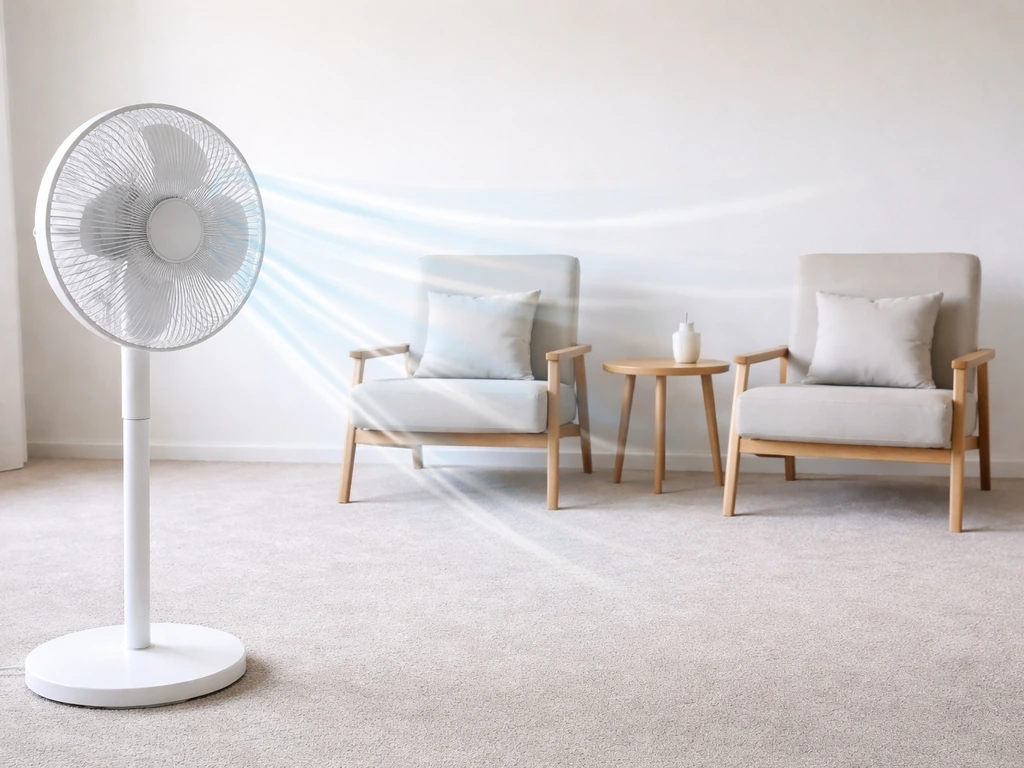 Pedestal fan on floor with simple airflow arrows showing ideal distance and wide coverage angle.