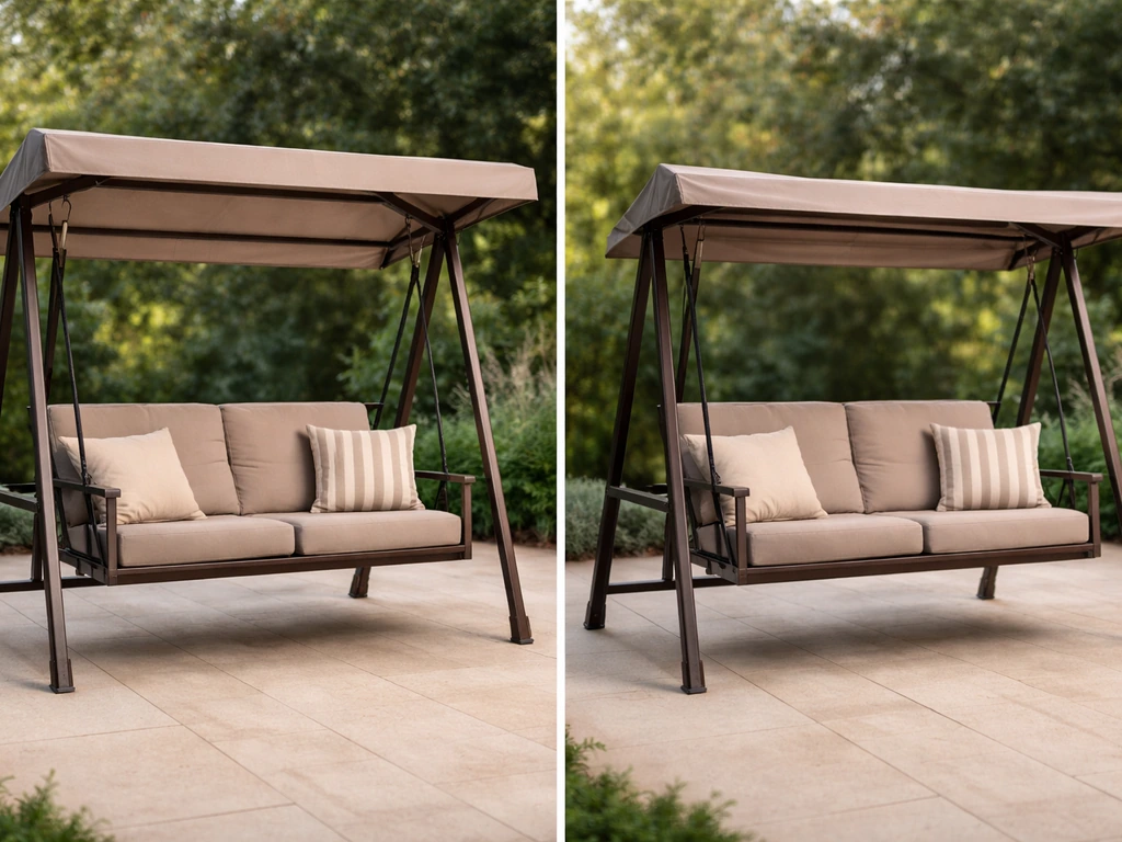 Side-by-side patio swings showing a fully covered canopy versus a small low-coverage canopy setup.