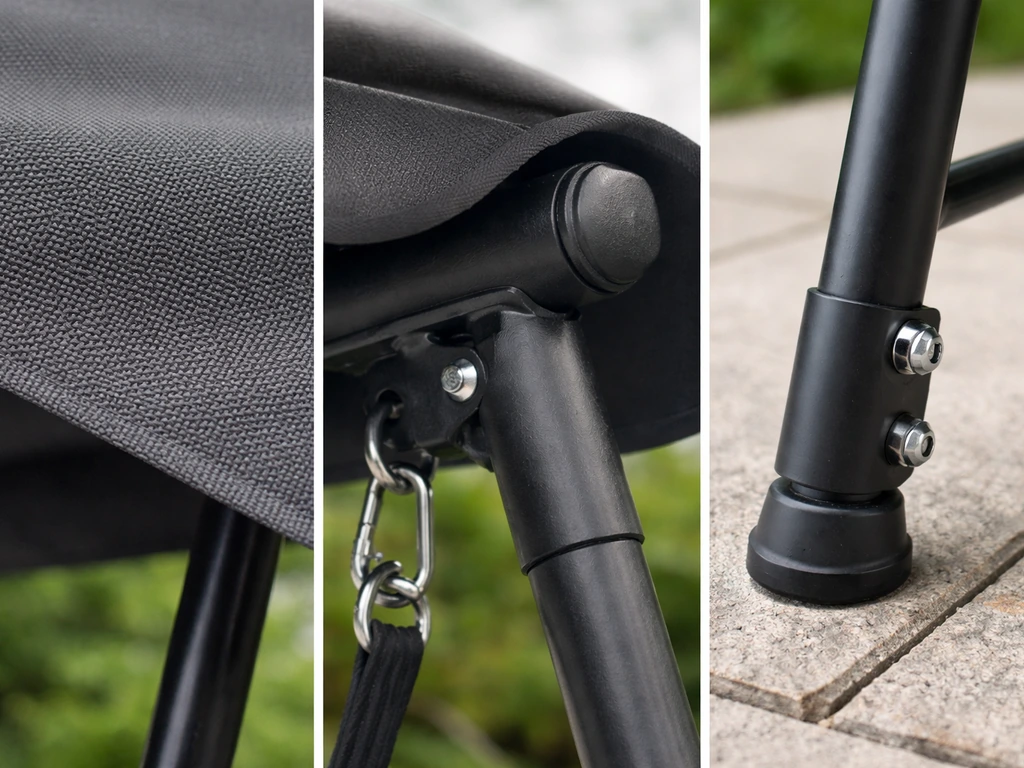 Close-up collage of canopy fabric, coated frame material, and stable base hardware for a swing