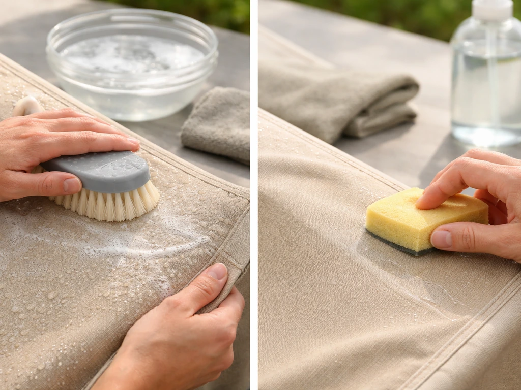 Hands scrubbing and applying outdoor fabric protectant to a canopy fabric using a soft brush and warm water.