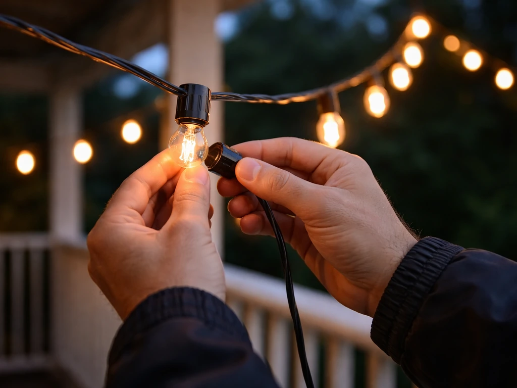 Technician hands adjusting a loose bulb socket connector beside a string of warm lights.