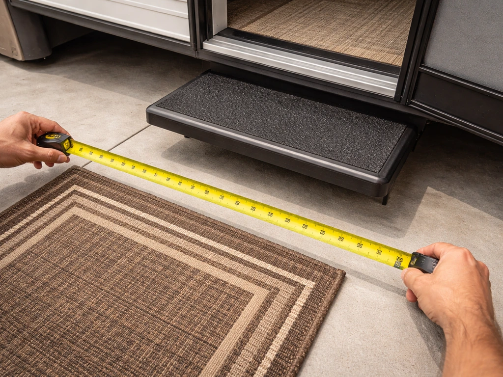 Measuring RV patio step area with a tape measure and a protective outdoor mat laid flat