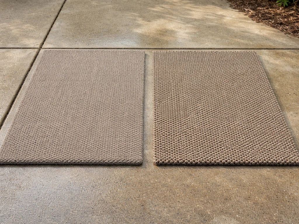 Two doormats side-by-side on a patio showing tighter PET fiber weave vs stiffer polypropylene weave.