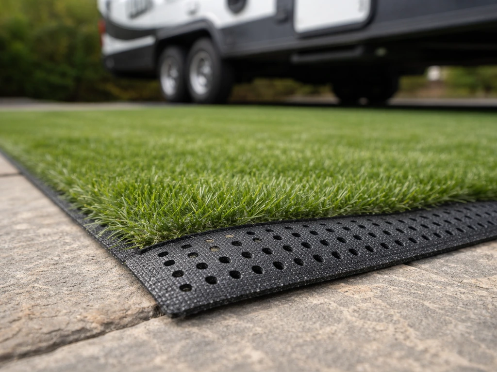 Artificial grass mat on an RV patio with visible perforated backing for drainage.