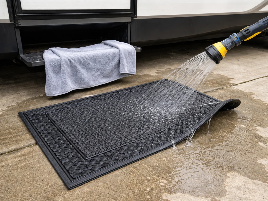 RV patio doormat being rinsed with a hose, partially lifted to drain, with drying towel nearby.