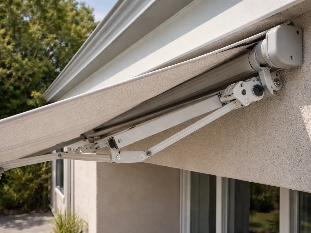 Retractable awning extended over a patio, with mounting rail and arms visible in close-up.