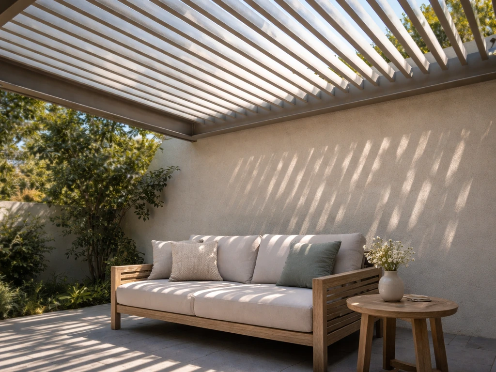 Outdoor patio with a fixed louvered pergola casting partial shade patterns over seating