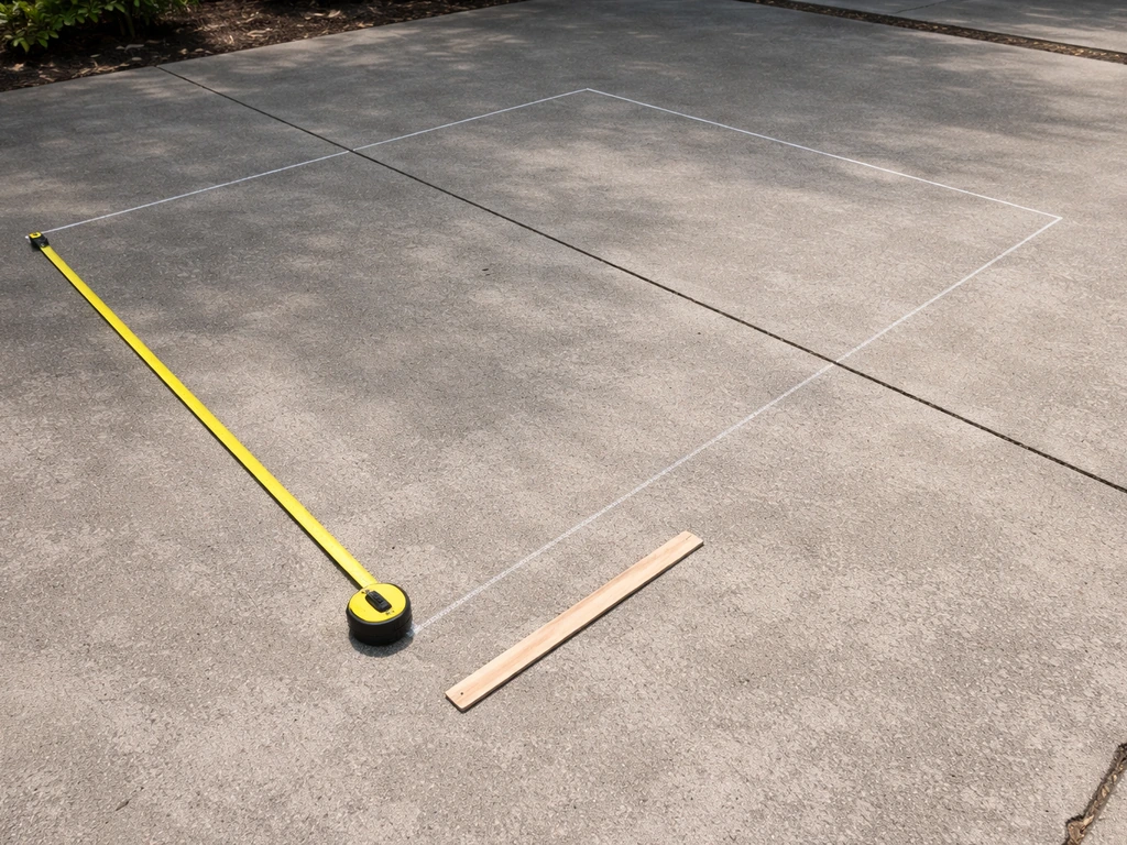 Measuring tape and chalk layout lines on a concrete patio surface showing shade coverage sizing.