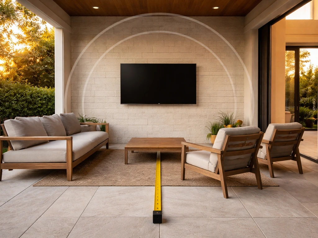 Minimal outdoor patio seating facing a wall-mounted TV, with a measuring tape suggesting viewing distance.
