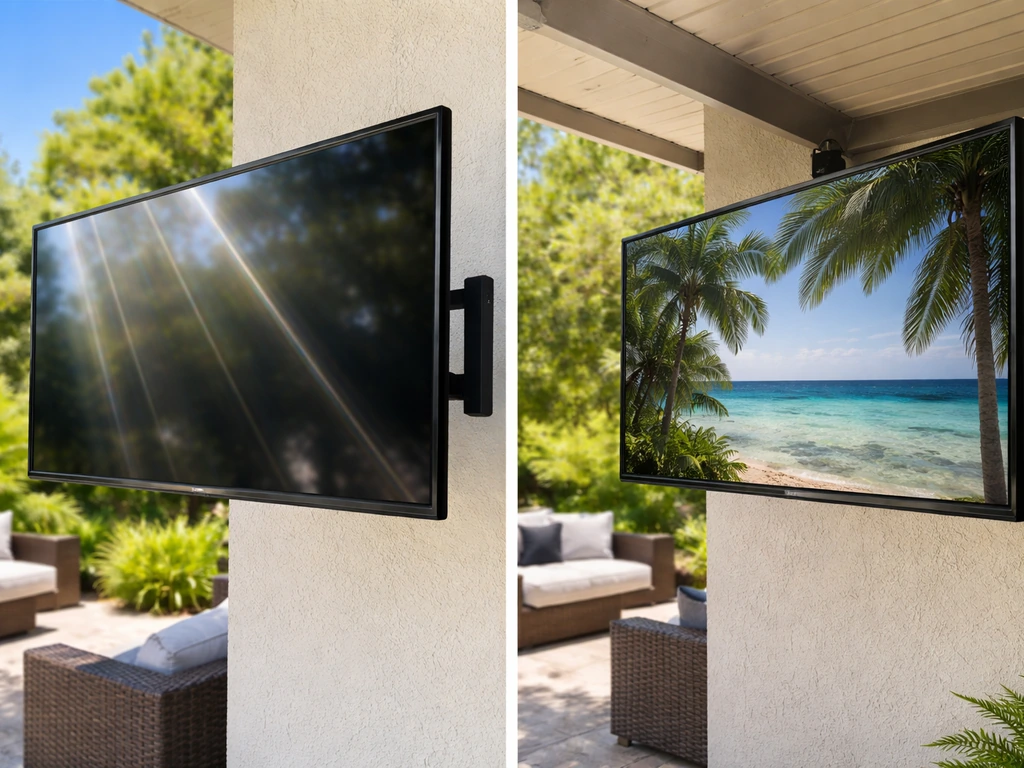Outdoor TV on a tilting mount shows heavy glare in bright sun and clearer visibility under a covered patio.